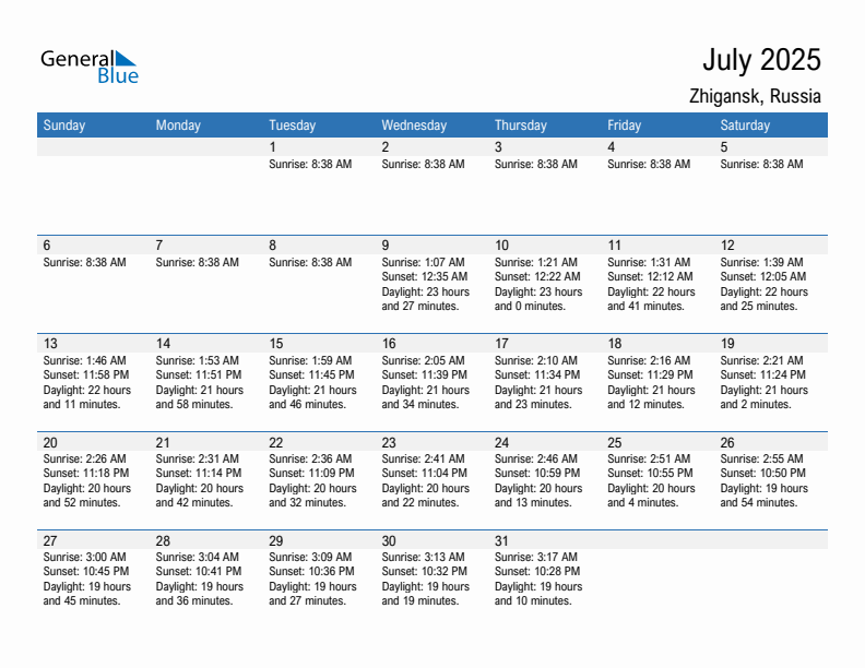 Zhigansk July 2025 sunrise and sunset calendar in PDF, Excel, and Word