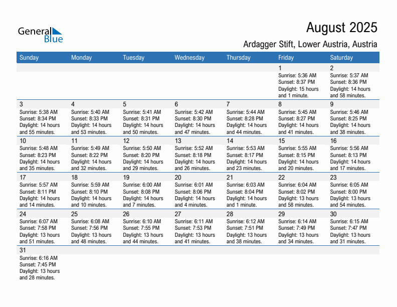 Ardagger Stift August 2025 sunrise and sunset calendar in PDF, Excel, and Word