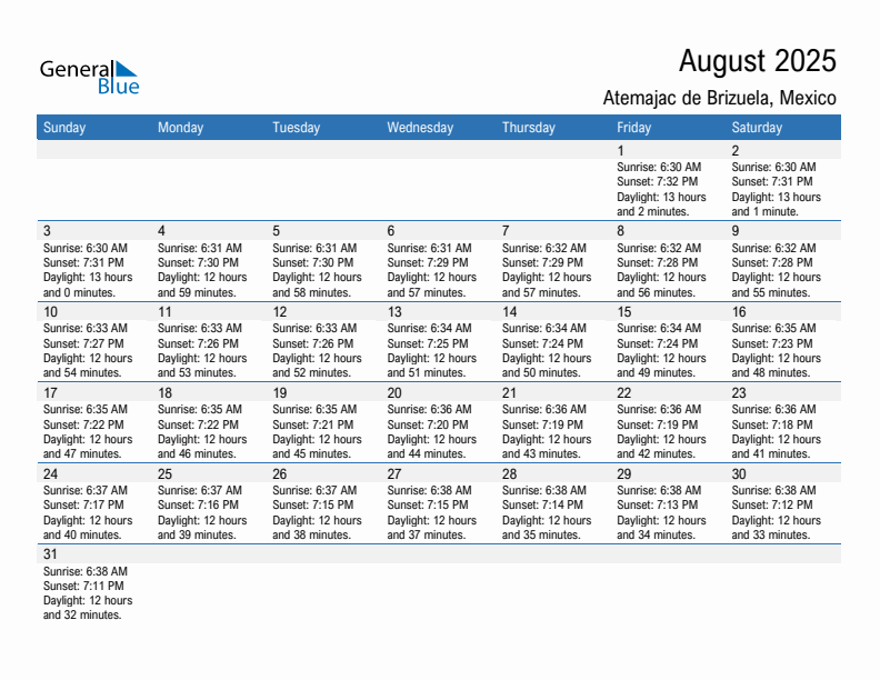 Atemajac de Brizuela August 2025 sunrise and sunset calendar in PDF, Excel, and Word