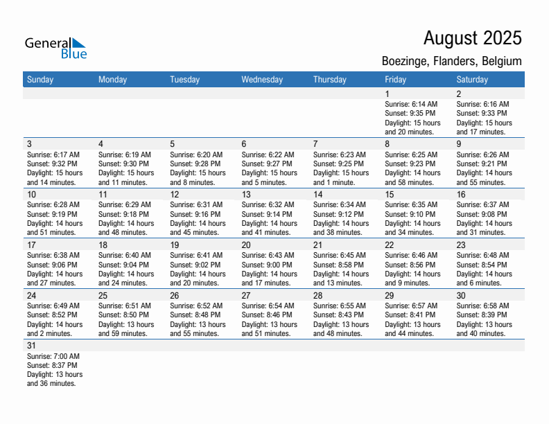 Boezinge August 2025 sunrise and sunset calendar in PDF, Excel, and Word