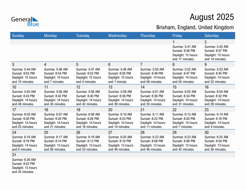 Brixham August 2025 sunrise and sunset calendar in PDF, Excel, and Word