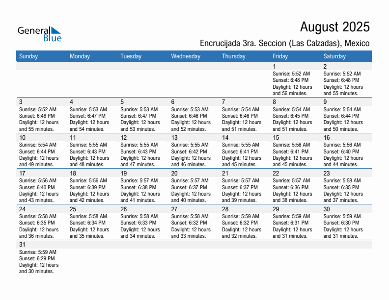 Encrucijada 3ra. Seccion (Las Calzadas) August 2025 sunrise and sunset calendar in PDF, Excel, and Word