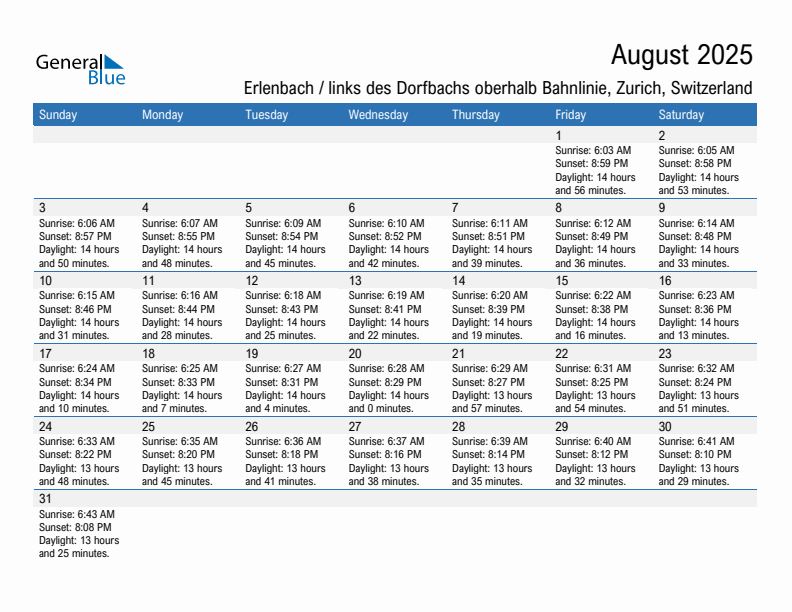 Erlenbach / links des Dorfbachs oberhalb Bahnlinie August 2025 sunrise and sunset calendar in PDF, Excel, and Word