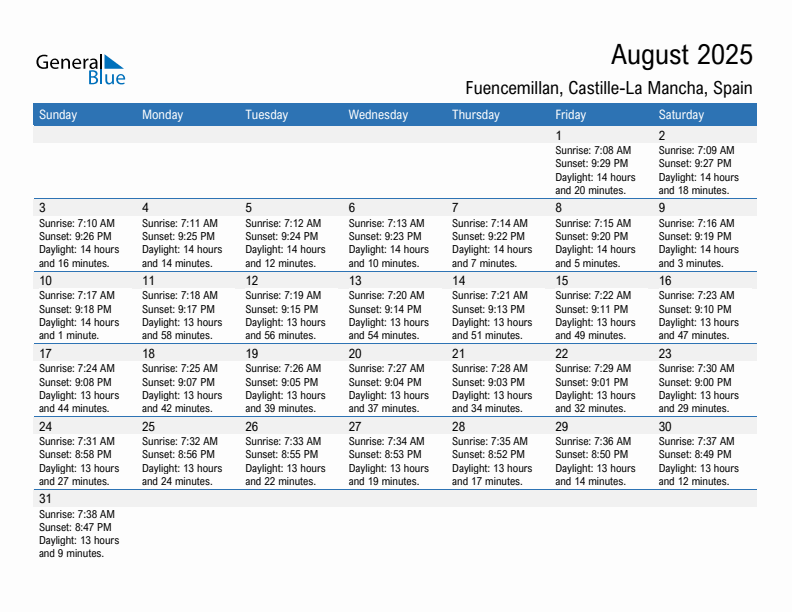 Fuencemillan August 2025 sunrise and sunset calendar in PDF, Excel, and Word