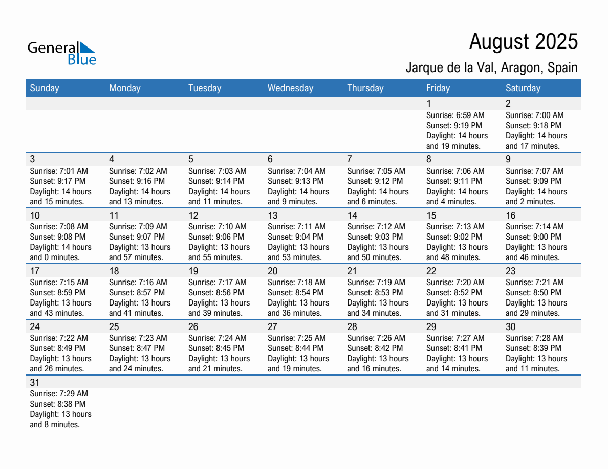 August 2025 sunrise and sunset calendar for Jarque de la Val