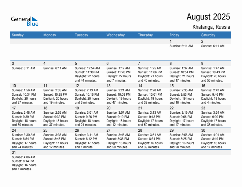 Khatanga August 2025 sunrise and sunset calendar in PDF, Excel, and Word