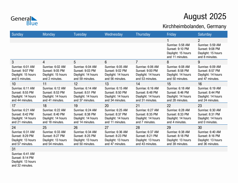 Kirchheimbolanden August 2025 sunrise and sunset calendar in PDF, Excel, and Word