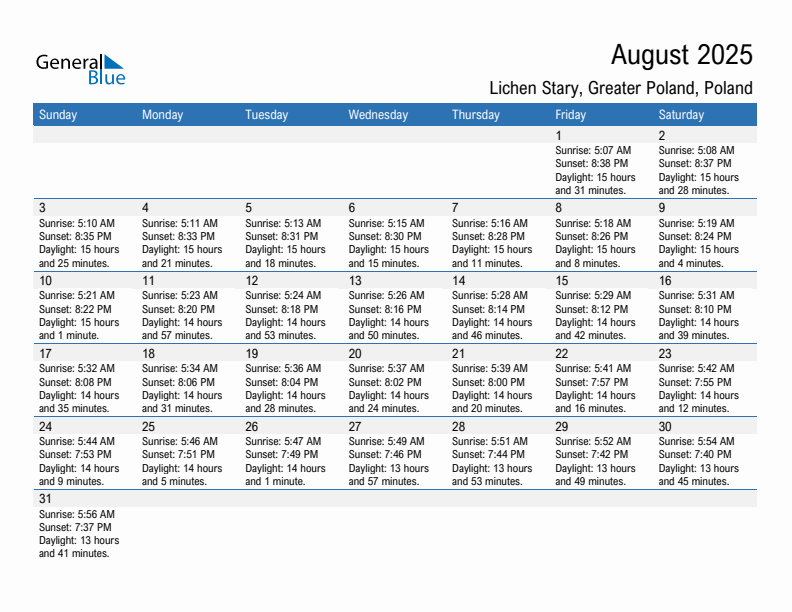 Lichen Stary August 2025 sunrise and sunset calendar in PDF, Excel, and Word