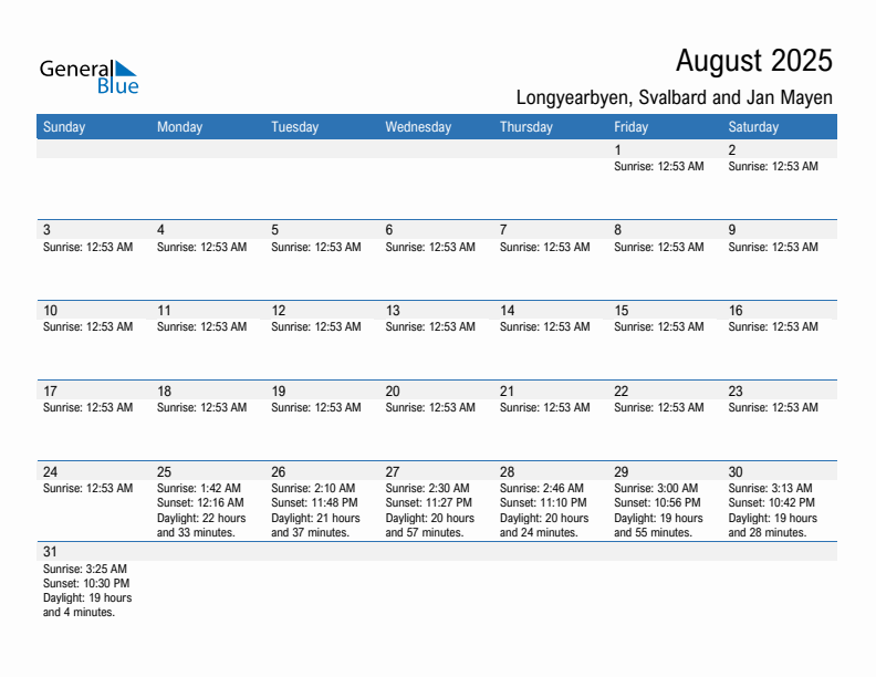 Longyearbyen August 2025 sunrise and sunset calendar in PDF, Excel, and Word