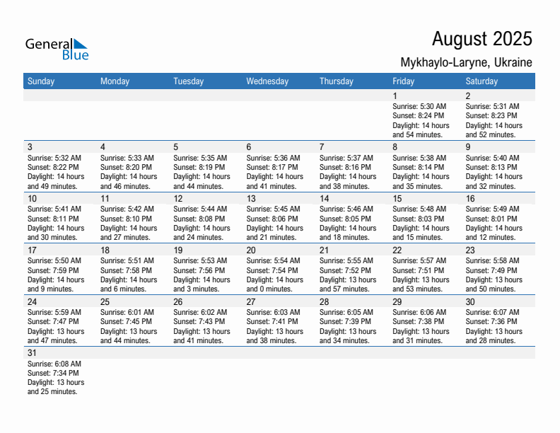 Mykhaylo-Laryne August 2025 sunrise and sunset calendar in PDF, Excel, and Word