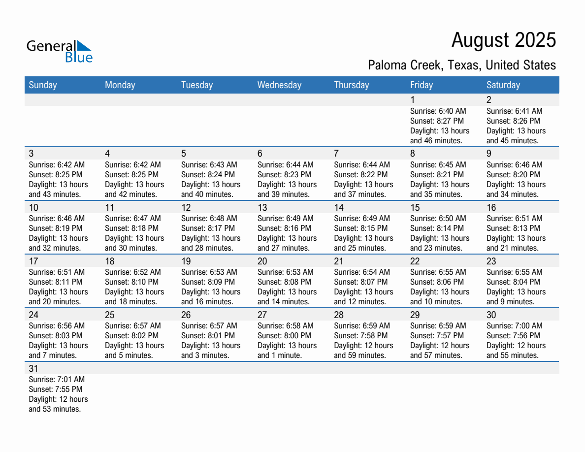 August 2025 sunrise and sunset calendar for Paloma Creek