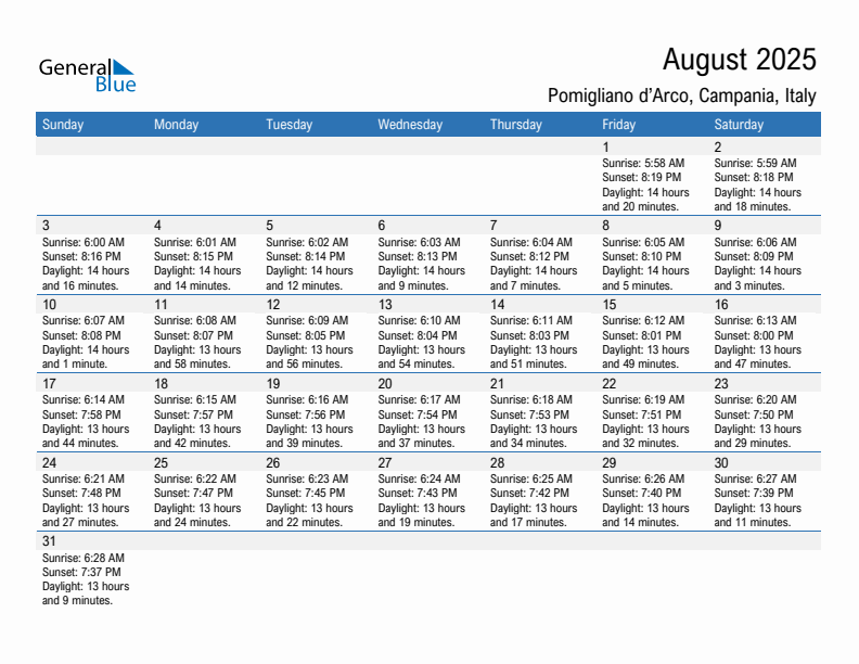 Pomigliano d'Arco August 2025 sunrise and sunset calendar in PDF, Excel, and Word