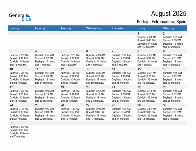 Portaje August 2025 sunrise and sunset calendar in PDF, Excel, and Word