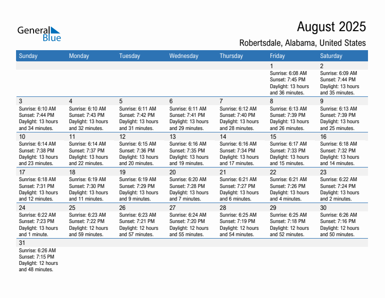 Robertsdale August 2025 sunrise and sunset calendar in PDF, Excel, and Word