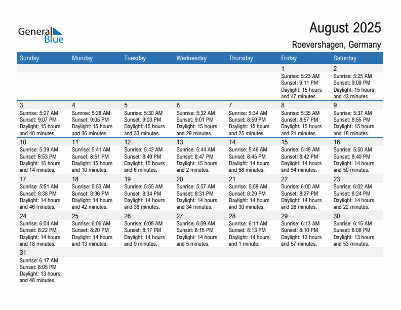 Roevershagen August 2025 sunrise and sunset calendar in PDF, Excel, and Word