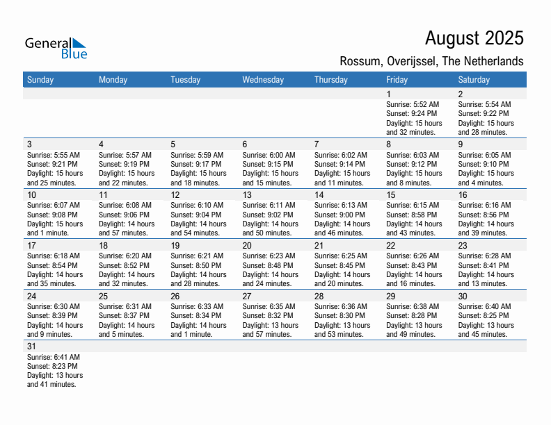 Rossum August 2025 sunrise and sunset calendar in PDF, Excel, and Word