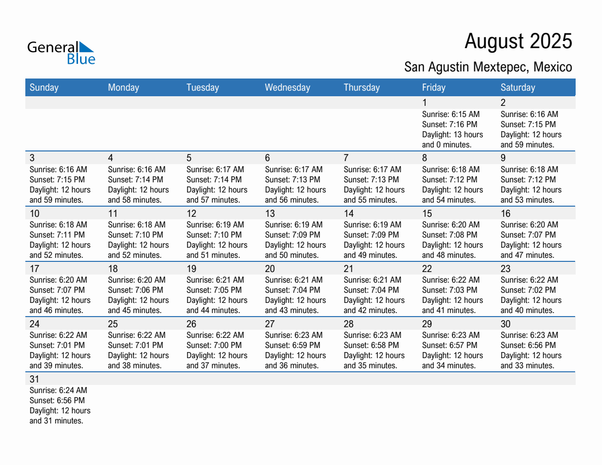 August 2025 sunrise and sunset calendar for San Agustin Mextepec