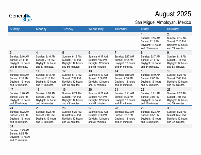 San Miguel Almoloyan August 2025 sunrise and sunset calendar in PDF, Excel, and Word