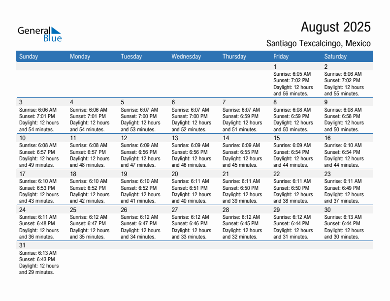 Santiago Texcalcingo August 2025 sunrise and sunset calendar in PDF, Excel, and Word
