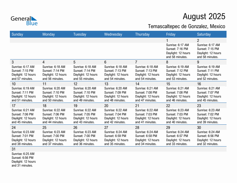 Temascaltepec de Gonzalez August 2025 sunrise and sunset calendar in PDF, Excel, and Word