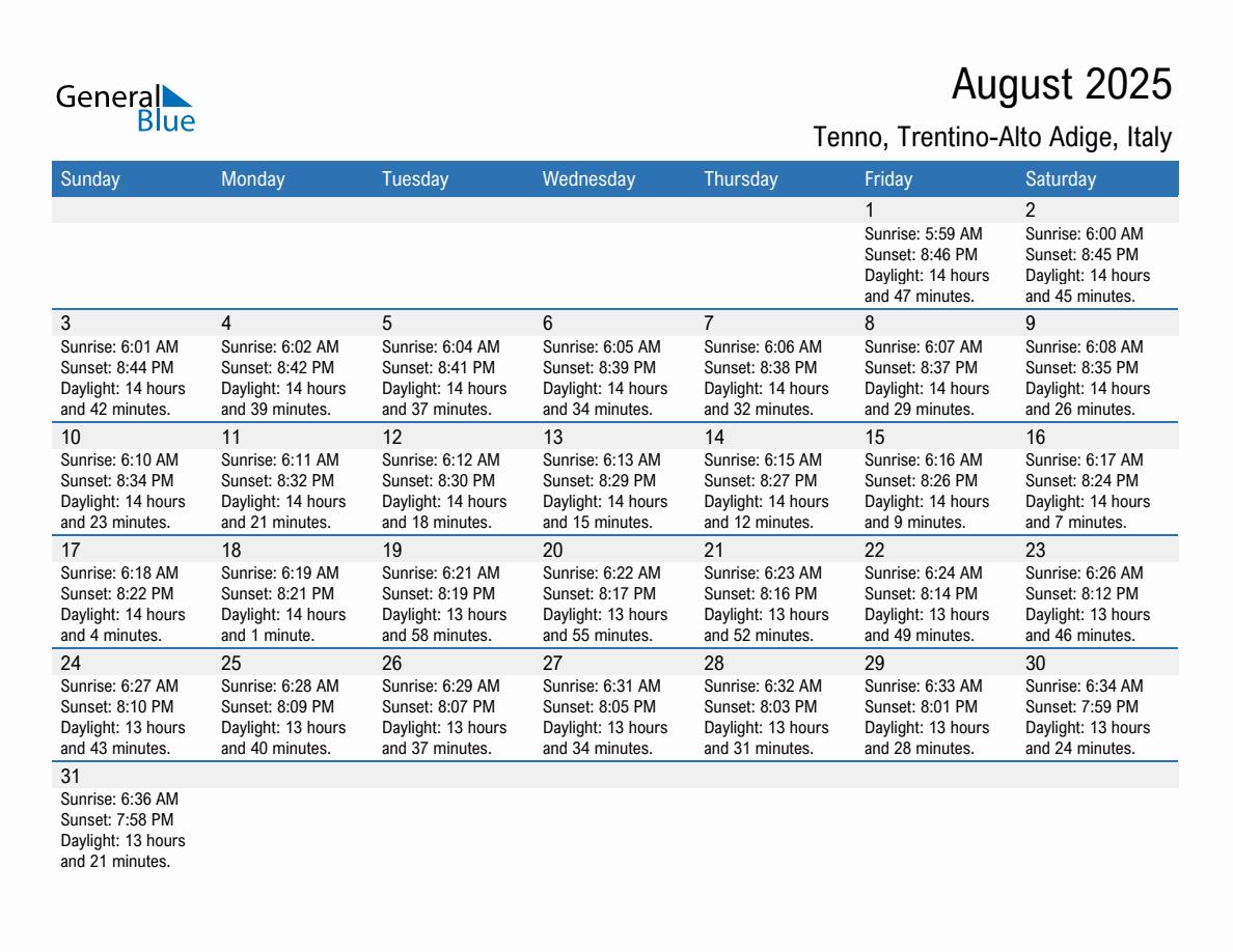 August 2025 sunrise and sunset calendar for Tenno