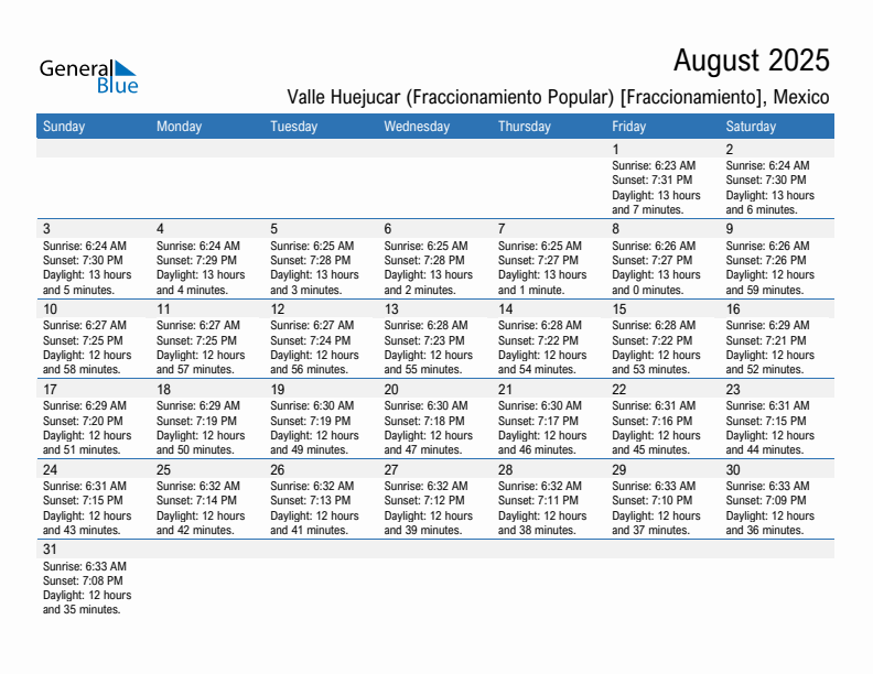 Valle Huejucar (Fraccionamiento Popular) [Fraccionamiento] August 2025 sunrise and sunset calendar in PDF, Excel, and Word