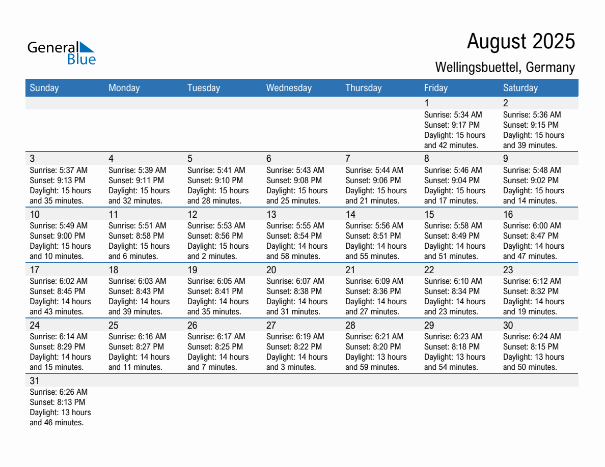 August 2025 sunrise and sunset calendar for Wellingsbuettel
