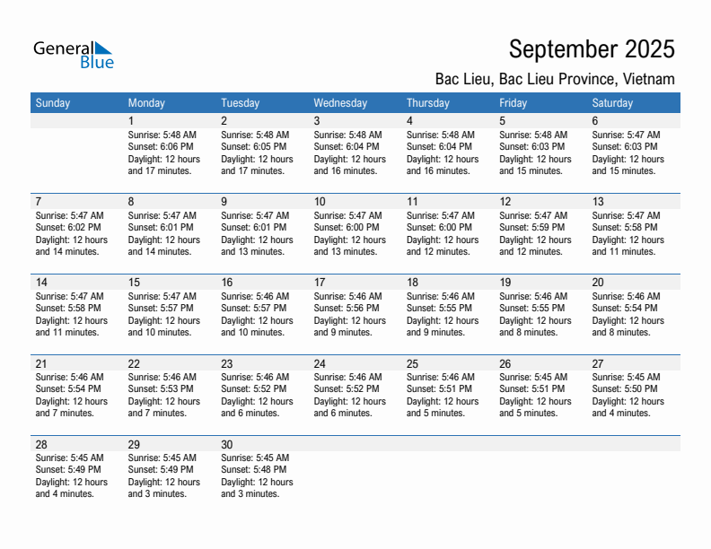 Bac Lieu September 2025 sunrise and sunset calendar in PDF, Excel, and Word
