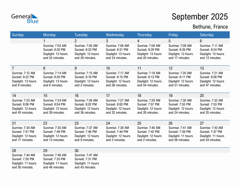 Bethune September 2025 sunrise and sunset calendar in PDF, Excel, and Word