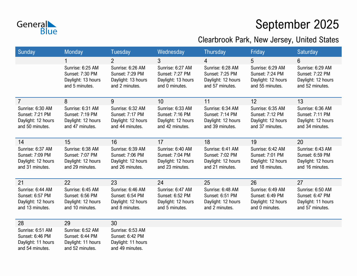 September 2025 sunrise and sunset calendar for Clearbrook Park