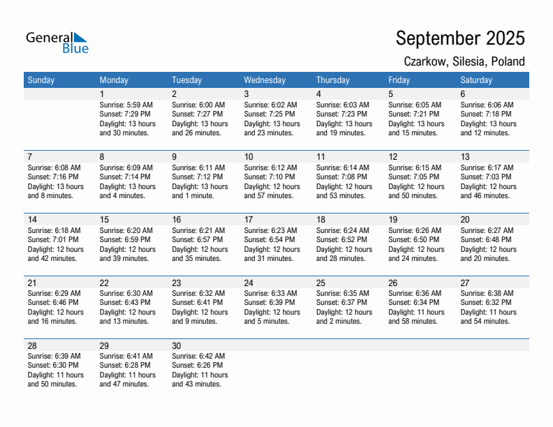 Czarkow September 2025 sunrise and sunset calendar in PDF, Excel, and Word