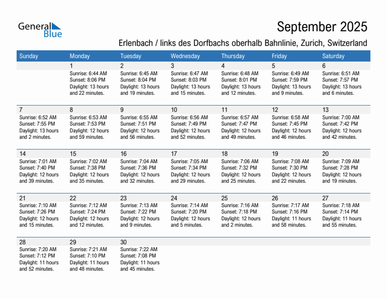 Erlenbach / links des Dorfbachs oberhalb Bahnlinie September 2025 sunrise and sunset calendar in PDF, Excel, and Word