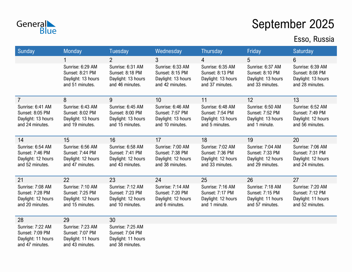 September 2025 sunrise and sunset calendar for Esso