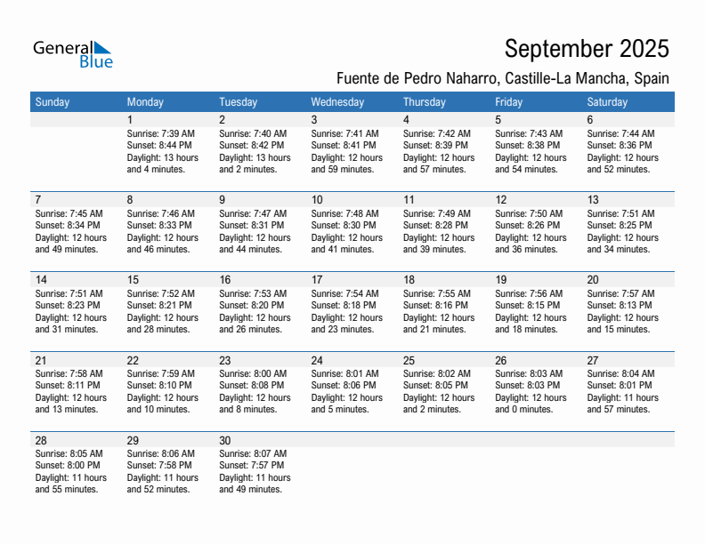 Fuente de Pedro Naharro September 2025 sunrise and sunset calendar in PDF, Excel, and Word