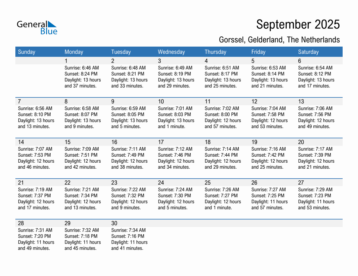 September 2025 sunrise and sunset calendar for Gorssel