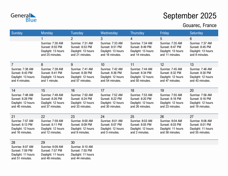 Gouarec September 2025 sunrise and sunset calendar in PDF, Excel, and Word