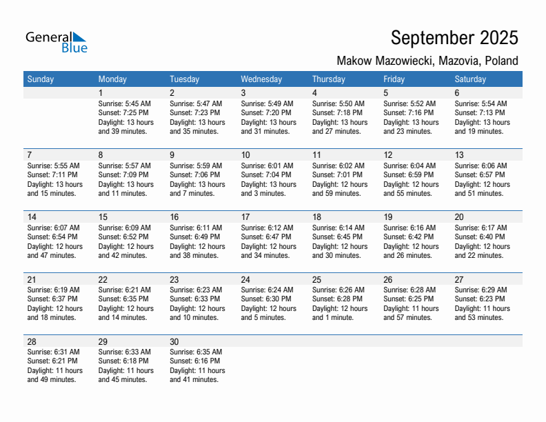 Makow Mazowiecki September 2025 sunrise and sunset calendar in PDF, Excel, and Word