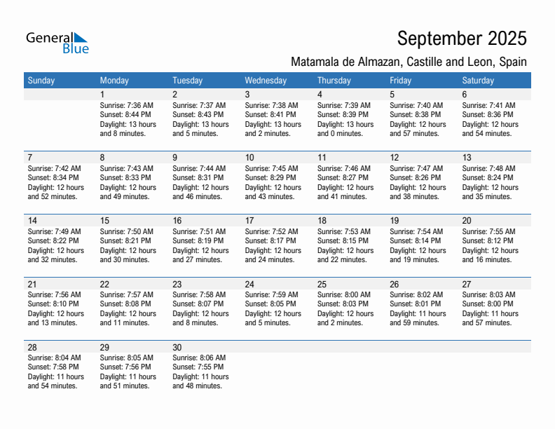 Matamala de Almazan September 2025 sunrise and sunset calendar in PDF, Excel, and Word