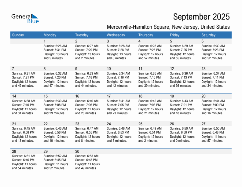 Mercerville-Hamilton Square September 2025 sunrise and sunset calendar in PDF, Excel, and Word