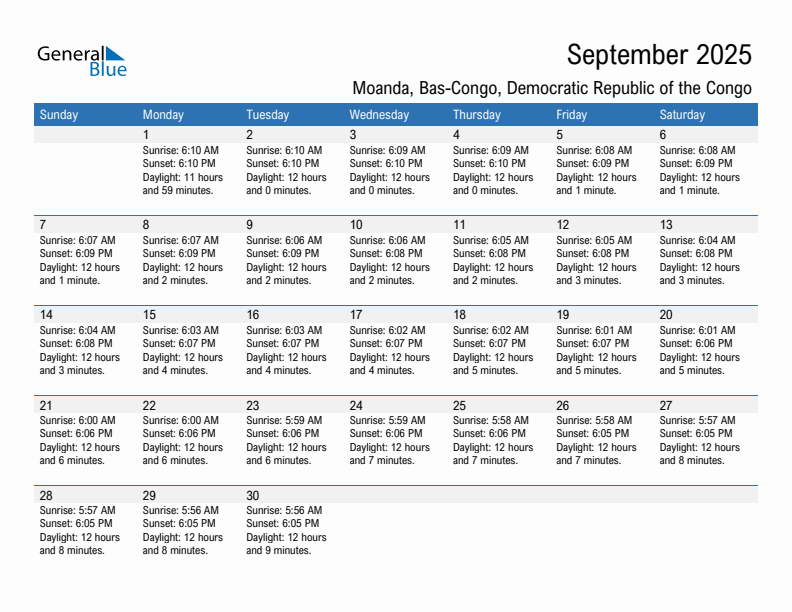 Moanda September 2025 sunrise and sunset calendar in PDF, Excel, and Word