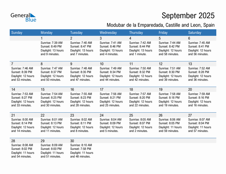 Modubar de la Emparedada September 2025 sunrise and sunset calendar in PDF, Excel, and Word
