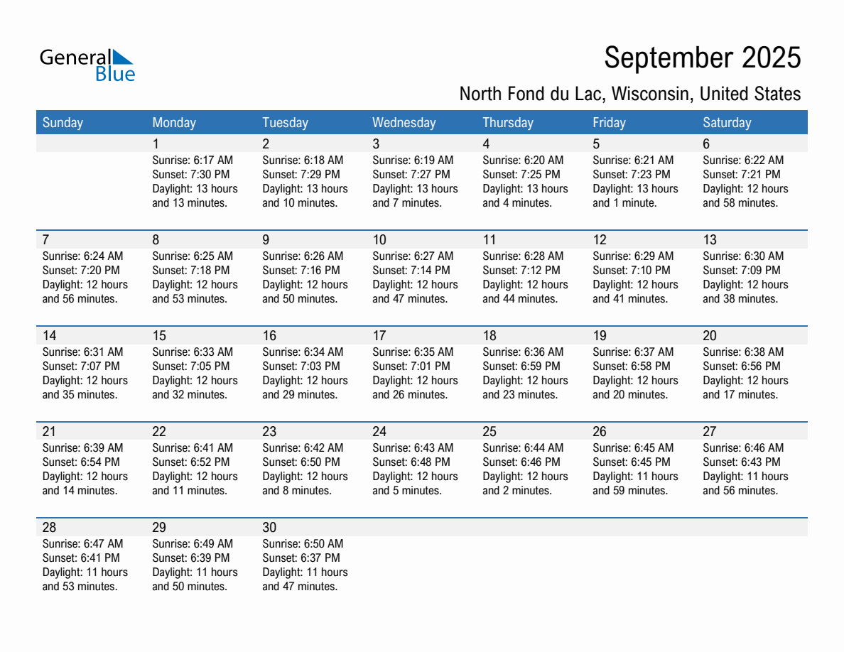 September 2025 sunrise and sunset calendar for North Fond du Lac