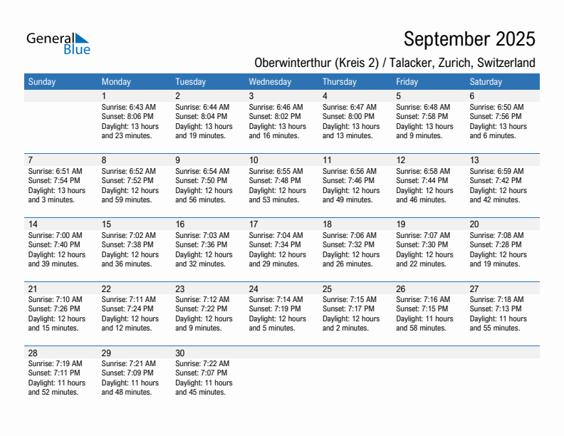 Oberwinterthur (Kreis 2) / Talacker September 2025 sunrise and sunset calendar in PDF, Excel, and Word