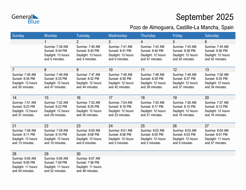 Pozo de Almoguera September 2025 sunrise and sunset calendar in PDF, Excel, and Word