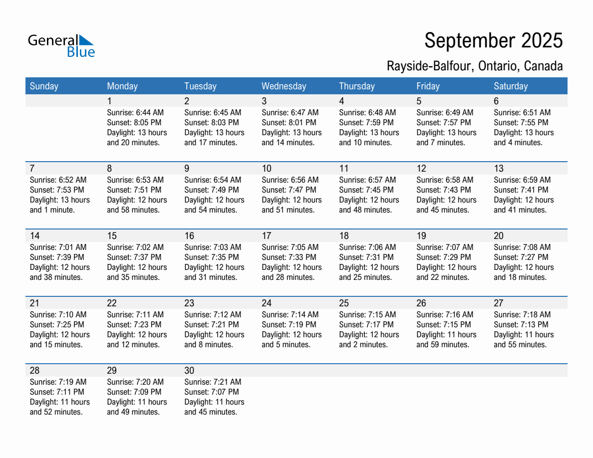 September 2025 sunrise and sunset calendar for Rayside-Balfour