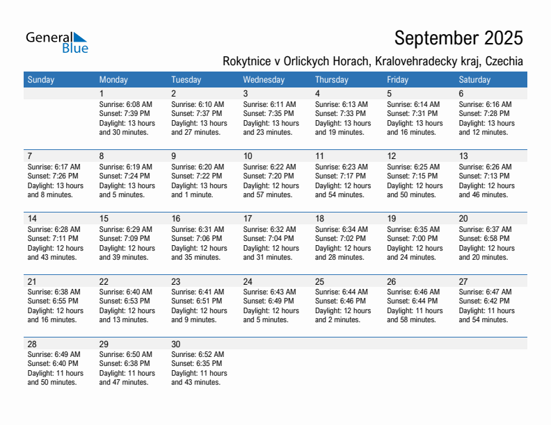 Rokytnice v Orlickych Horach September 2025 sunrise and sunset calendar in PDF, Excel, and Word