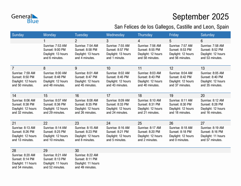 San Felices de los Gallegos September 2025 sunrise and sunset calendar in PDF, Excel, and Word