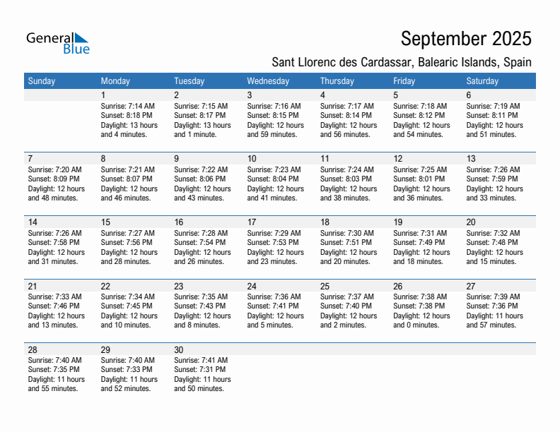 Sant Llorenc des Cardassar September 2025 sunrise and sunset calendar in PDF, Excel, and Word