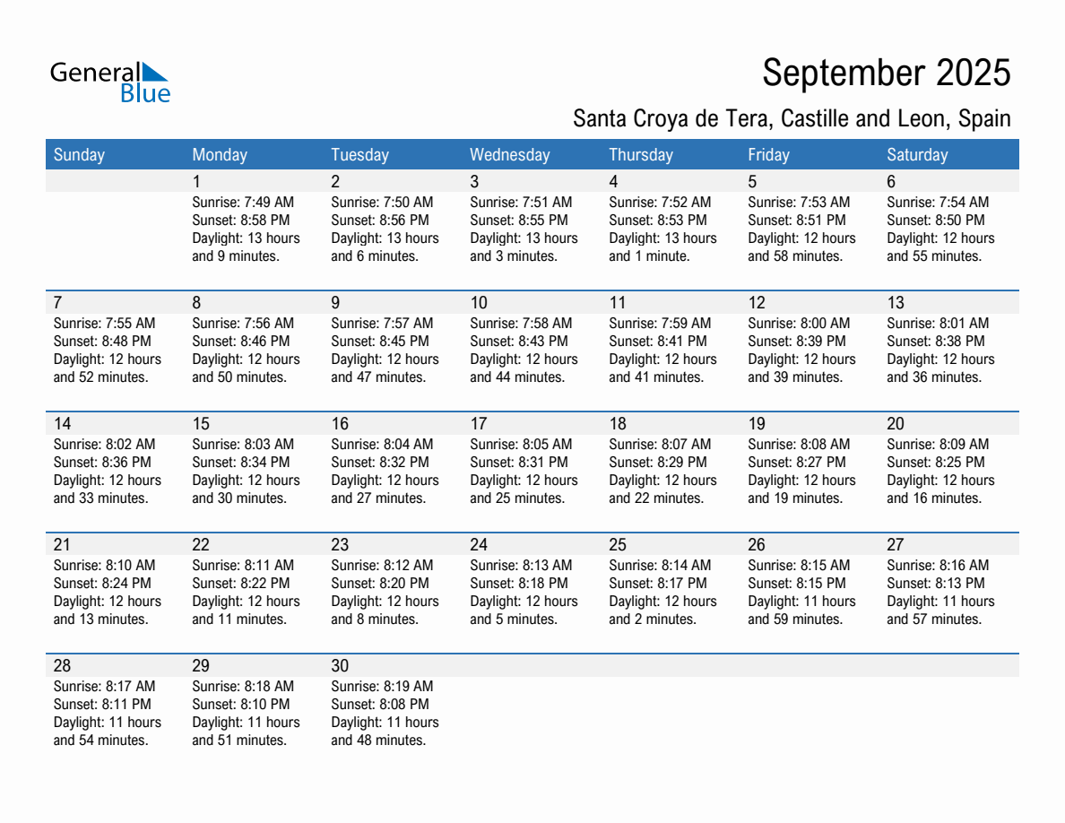 September 2025 sunrise and sunset calendar for Santa Croya de Tera