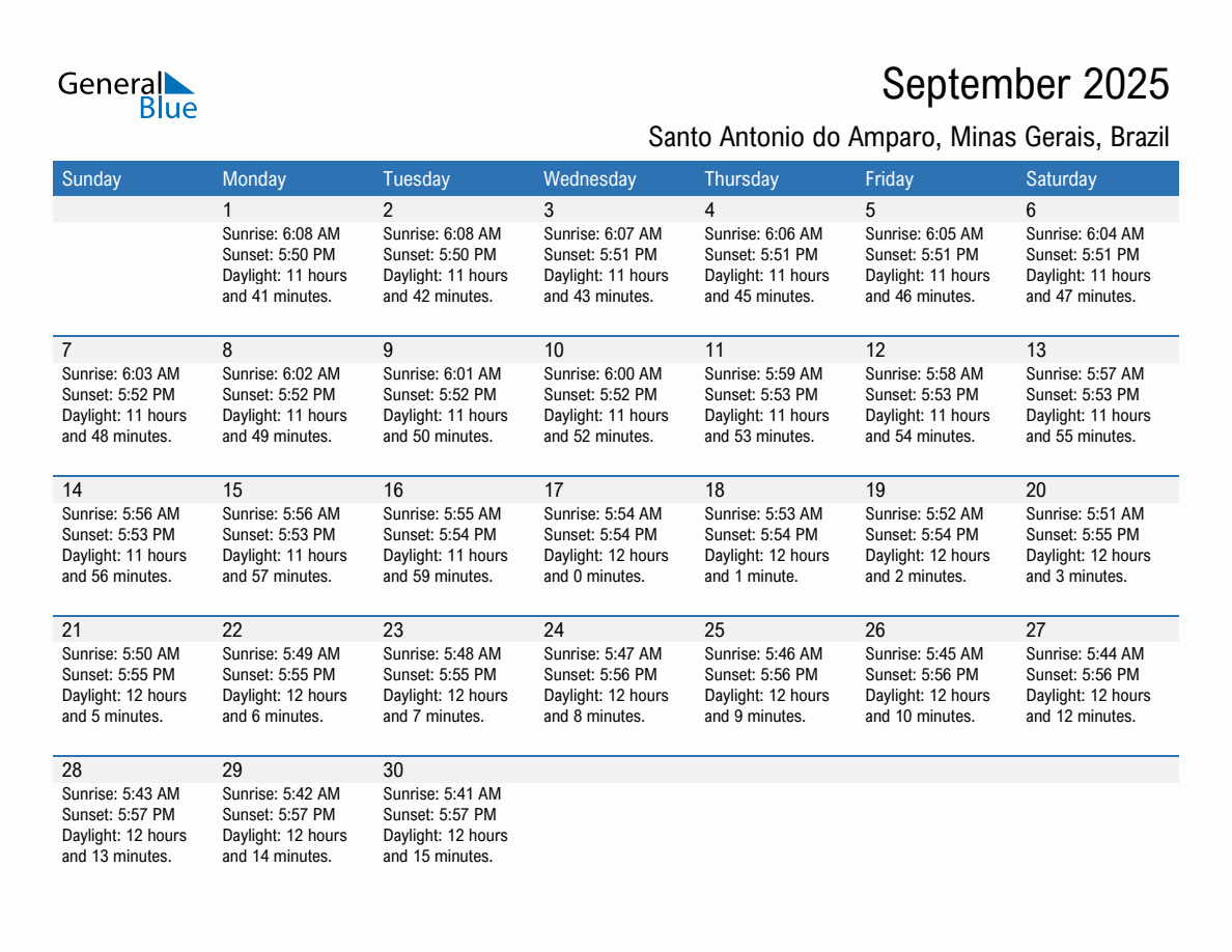 September 2025 sunrise and sunset calendar for Santo Antonio do Amparo